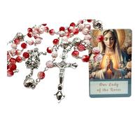 Our Lady of the Rosary Set Rose Shaped Beads with Metal Crucifix Centerpiece and Holy Prayer Card