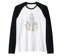 Our Lady White Floral Catholic Prayer Raglan Baseball Tee