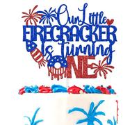 Our Little Firefighter is Turning One Cake Topper, Firecracker 1st Birthday, Patriotic Independence Day/Memorial Day Theme 1st Birthday/Gender Reveal/Baby Shower Party Decorations Supplies