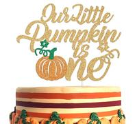 Our Little Pumpkin is One Cake Topper, Fall Thanksgiving Theme One Year Old Cake Décor for Boy Girl, Halloween Happy 1st Birthday Party Decorations Supplies, Gold Glitter