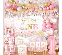 Our Little Pumpkin is Turning One Decorations-174Pcs Pink Pumpkin Balloon Arch Garland Kit with Backdrop,Photo Banner,Balloon Boxes for Girl 1st Birthday Party Supplies