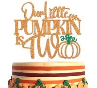 Our Little Pumpkin is Two Cake Topper, Fall Theme Second Birthday Cake Décor for Boy Girl, Thanksgiving Halloween Happy 2nd Birthday Party Decorations Supplies, Orange and Green Glitter