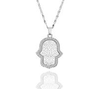 Ouran Hamsa Necklace for Women,Hand of Fatima Pendant Necklace Gold Silver Long Chain Necklace for Couples Firends (Silver Plated)
