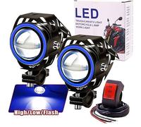 Ourbest 2 x Motorcycle Fog Lights, Motorcycle Headlights with Angel Eyes Lights, Driving Fog Lights, High/Low/Strobe 3 Modes, Blue Halo with Switch
