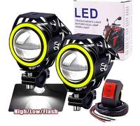 Ourbest 2x Motorcycle Headlights With Angel Eyes Lights U7 DRL Fog Driving Lamps for Cars Bike Boat ATV Front Spotlights High/Dim/Strobe 3 Modes White Color with Switch