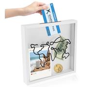 OurLeeme Adventure Archive Box, Travel Collection Shadow Keepsake Life Box for Memories with World Map Design, Wooden Frames Display Case for Crafts Movie Ticket Photo Postkarte, 29x29cm, White