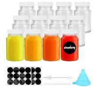 OurLeeme Glass Shot Bottles with Lids, 12 Pack 60ml Mini Clear Glass Shot Bottles Reusable Wellness Juice Bottle with Cleaning Brush Labels for Oils Sauce Juice Ginger Medicine