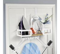 OurLeeme Ironing Board Hanger, Iron Holder Wall Mount Ironing Board Holder with Large Wooden Storage Basket and Removable Hooks for Laundry Room - Holds Iron Spray Bottle Board, White