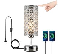 OURLOVEII Modern Crystal Chrome Table Lamp with Charging Function, Crystal Bedside Lamp with USB Ports Mains Sockets, E27 Table Lamp with Crystal Shade for Bedroom
