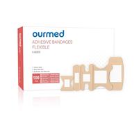Ourmed Flexible Assorted Plasters Variety Pack 100 Pieces, Fingertip Bandages for First Aid, Slight Cuts, Scrapes, Abrasion & Wounds Care,Strong Hold for 24 Hours, Non-Latex