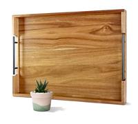 OurMiao 22 Inches Acacia Wood Serving Tray with Metal Handles, Large Wooden Rectangle Ottoman Tray, Decorative and Durable Design for Living Room Coffee Table Couch Sofa