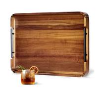 OurMiao 22 x 15.7 Inches Acacia Wood Serving Tray with Metal Handles, Large Rectangular Ottoman Tray with Rounded Corner, Great for Living Room, Coffee Table, Kitchen, Serving Food & Hosting
