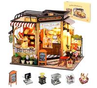 OurMiao Miniature House Kit Julia Bakery, DIY Mini Doll House Building Kit with LED Lights Furniture, Miniature Dollhouse Kit Wooden Crafts for Adults Teens Gifts