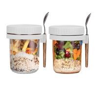 Oursouion 2Pack Overnight Oats jars with Lids and Spoons, Reusable Glass Overnight Oats Container with Measurement Marks, Breakfast jar,Oatmeal Container for Milk, Cereal, Fruit(White)