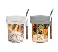 Oursouion 2Pack Overnight Oats jars with Lids and Spoons, Reusable Glass Overnight Oats Container with Measurement Marks, Breakfast jar,Oatmeal Container for Milk, Cereal, Fruit（White，grey）