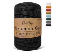 OurTop Premium Macrame Cord, 3mm x 300m Braided Macrame Rope Twisted Cord Yarn Macrame Yarn Thick Rope for Wall Hangings, Plant Hangers, DIY Crafts, Home Decorations, Gift Wrapping(Black)