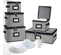 ouruer 5 PACK China Storage Containers-Quilted Mug Storage and Moving Boxes for Dishes,Dish Packing Supplies for Moving,Dinnerware &Accessories,Holds a total of 48 plates (4 sizes) and 12 cups(Grey)