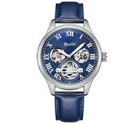Ourui Wrist Watches,Automatic Mechanical Watch Leather Strap Through The Bottom Simple Business Watch,Silver Case Blue Surface