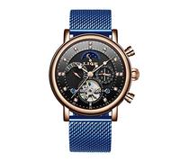 Ourui Wrist Watches,Multifunctional Moon Phase Display Quartz Watch Fashion Business Men's Watch, Blue Mesh Band Rose Black