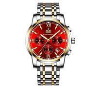 Ourui Wrist Watches,Multifunctional Round Quartz 6-Hand Business Watch Fashion Stainless Steel Case Steel Band Watch,Gold Red