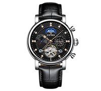 Ourui Wrist Watches,Tourbillon Moon Phase Automatic Hollow Mechanical Watch Fashion Leather Strap Diamond Watch, Silver Case Black Surface