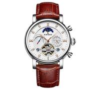 Ourui Wrist Watches,Tourbillon Moon Phase Automatic Hollow Mechanical Watch Fashion Leather Strap Diamond Watch, Silver Case White Face