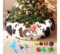 OurWarm Cat Tunnel Bed, Cow Cat Tunnels for Indoor Cats Puppy Rabbit, Foldable Cat Donut Tunnel with Hanging Ball and Washable Cushion for Felines and Small Animals Indoor Outdoor