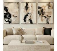 OurWarm Large Modern Abstract Wall Art Set of 3, 24x36 Inch Framed Triptych Canvas, Neutral Black White Light Brown Contemporary Painting, Ready to Hang Gallery Wall Decor for Living Room