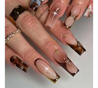 OuryTech Press On Nails, 24 Pieces Adhesive Artificial Nails, Square Glossy with Pearls for Women and Girls (Type A)