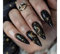 OuryTech Press On Nails, 24 Pieces Almond Medium Stick-On Nails, Moon and Stars Design Gold Glitter Full Cover