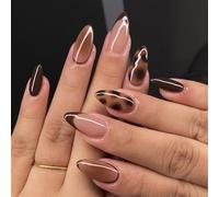 OuryTech Press on Nails, 24 Pieces Medium Almond Fake Nails with Brown Leopard Print French Tips, Gradient Designs, Full Cover Acrylic Glossy Glue on Nails, for Women