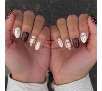 OuryTech Press On Nails, 24 Pieces Short Artificial Nails To Stick On In Almond Shape, Fake Nails With French Design, Brown Nails With Dot And Bow