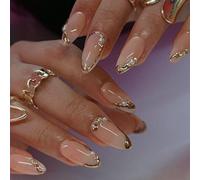 OuryTech Press On Nails Almond, 24 artificial nails to stick on and fake nails, French tip press-ons with 3D gold line, pearls and rhinestones for women (Type I)