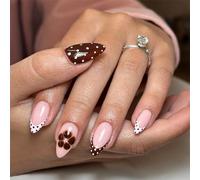 OuryTech Press On Nails Almond, 24 Pack of adhesive artificial nails with French Tip and brown floral design for women (Type B)