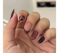 OuryTech Press On Nails Almond, 24 Piece Stick-On & Fake Nails, Short Almond Press Ons with French Tip, Brown Leopard Glossy Design for Women (Type A)