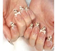 OuryTech Press On Nails Almond, 24 Pieces Adhesive Artificial Nails and Fake Nails, Leopard Print French Tip with 3D Pearl and Bow Design for Women (Type B)