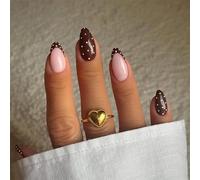 OuryTech Press On Nails Almond, 24 Pieces Artificial Nails to Stick On and Fake Nails, Dot Press Ons with Brown French Tip Design, Glossy Full Cover for Women and Girls (Type D)