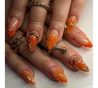 OuryTech Press On Nails Almond, 24 Pieces Artificial Stick-On Nails, Orange Almond Press Ons with Gold Line Design, Glossy Finish for Women (Type G)