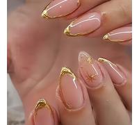 OuryTech Press On Nails Almond, 24 Pieces Artificial Stick-On Nails with French Tip and 3D Gold Line Design for Women (Type D)