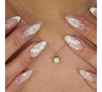 OuryTech Press On Nails Almond, 24 Pieces of Stick-On Artificial Nails, Almond Press On Nails with 3D Gold Lines and Floral Design for Women (Type F)