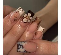 OuryTech Press On Nails Almond, 24 Pieces of Stick-On Artificial Nails, Almond Press Ons with 5D Flowers, Rhinestones and Glossy Brown Design for Women (Type E)