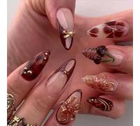 OuryTech Press On Nails Almond, 24 Pieces of Stick-on Artificial Nails and Fake Nails, Almond Press Ons with 5D Flowers, Rhinestones and Glossy Brown Design for Women (Type D)