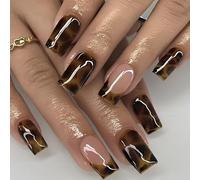 OuryTech Press On Nails Almond, 24 Pieces of Stick-on Artificial Nails with Brown Leopard Print and French Tip for Women (Type D)