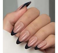 OuryTech Press on Nails Black, 30 Pieces French Tip Short Almond Medium Fake Nails with Nail Glue, Reusable Soft Gel Stick On Nail, Elegant Glue On Nails Kit for Ladies