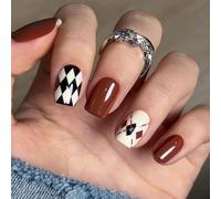 OuryTech Press On Nails Square, 24 Pieces Soft Gel Square Press On Nails Short, Long-lasting Reusable Geometric Brown & Black Fake Nails