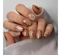 OuryTech Short Press On Nails, 24 Pieces Cat Eye Press On Nails Short Round, Gold Line Design, Reusable Acrylic Glitter Fake Nails with Adhesive Tabs, Magnetic Salon Quality