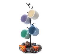 Ouseen Bird Shape Metal Mug Holder Tree with Storage Basket - Decorative Wire Coffee Cup Organizer Rack for Countertop, Kitchen, Holds 4 Large Mugs (Black)