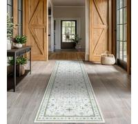 Oushak 3x20 Wide Hallway Runner Rug - Vintage Turkish Floral, Washable Low Pile Non Slip 20ft Extra Long Runners for Large Kitchen, Hall Way - Blue and Green Décor