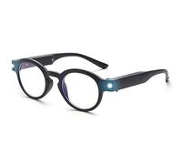 OuShiun Reading Glasses with Light, Rechargeable Bright Lighted Glasses Blue Light Blocking Anti Eyestrain Round Eyeglasses Nighttime(Matte Black, 1.5X)