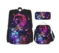OUSIKA 3 Pcs Colorful Galaxy Music Note Print Backpack Sets Casual Daypack with Lunch Box Pencil Case for Women Men, Black